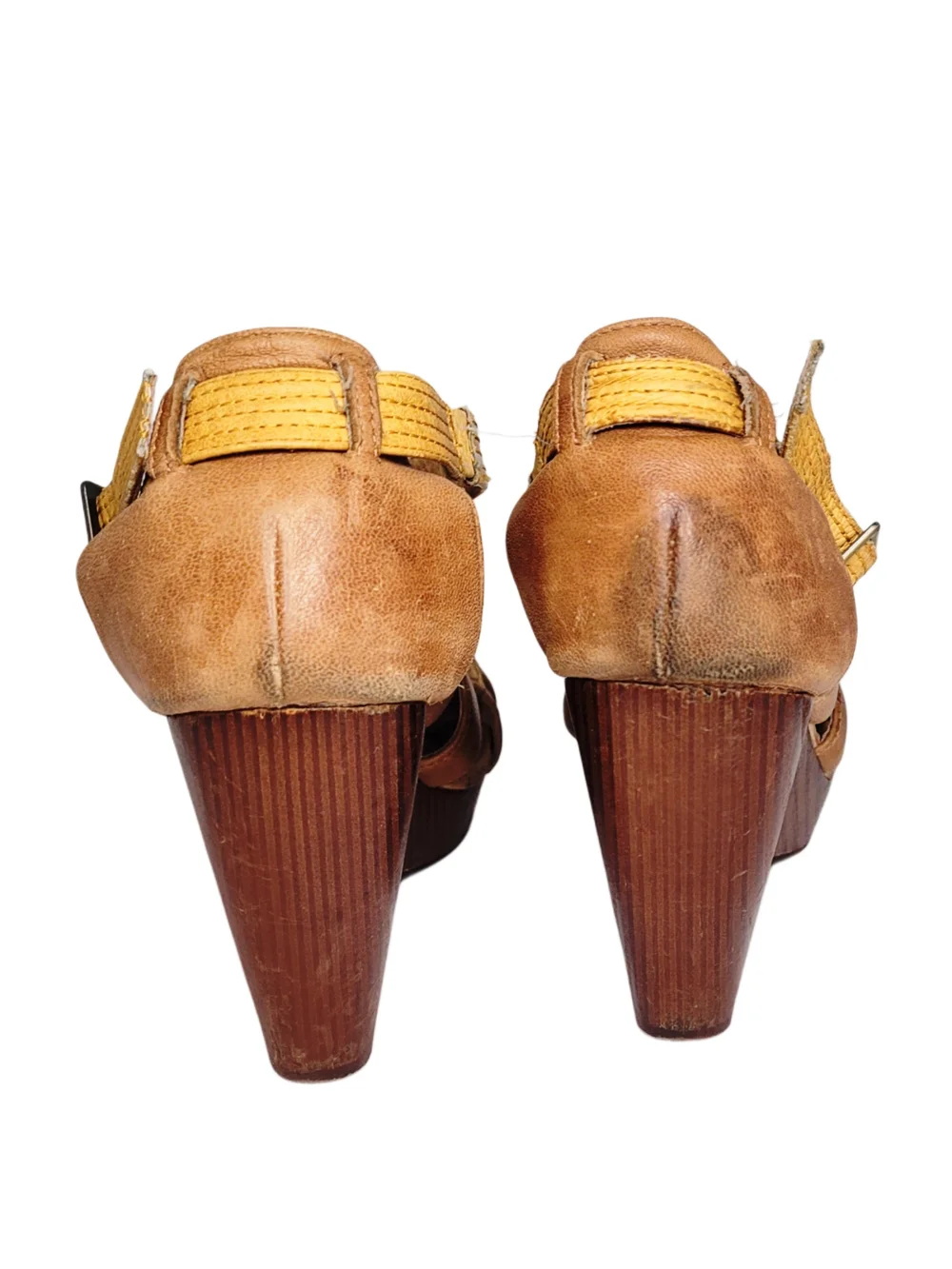 Miz Mooz Petra Yellow and Brown Leather & Wood Wedge Sandals